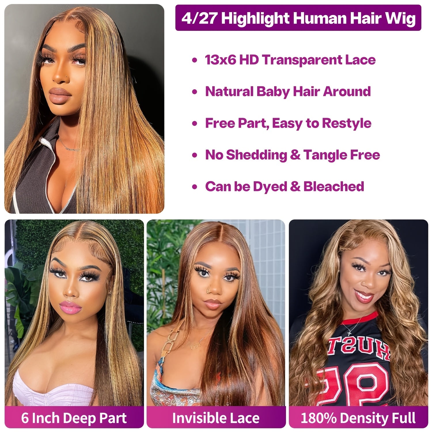 30 Inch Ombre Highlight 13x6 HD Transparent Lace Front Wig Human Hair - Pre-Plucked 180% Density Glueless Honey Blonde to Darker Brown Wig for Women, Party & Casual Attire, All Ethnicities, Wig Accessories